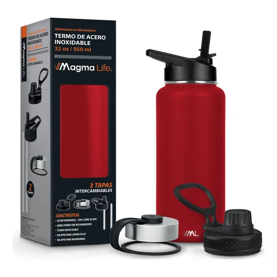 Magma Life Termo Para Café Y Agua De Acero Inoxidable 32 Oz (950 Ml): Contiene 3 Tapas Para Diferentes Tipos De Bebidas, Ideal Para Mantener La Temperatura Deseada (rojo)