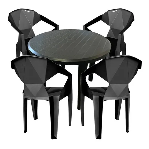 Mesa Redonda Desmontável Preta Jr + 4 Cadeiras Diamond Preta