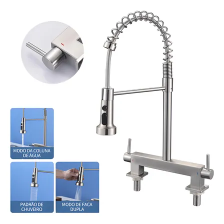 Torneira Misturador Cozinha Mesa Metal Tubo Gourmet Prateado Acabamento Escovado Cor Prata 304