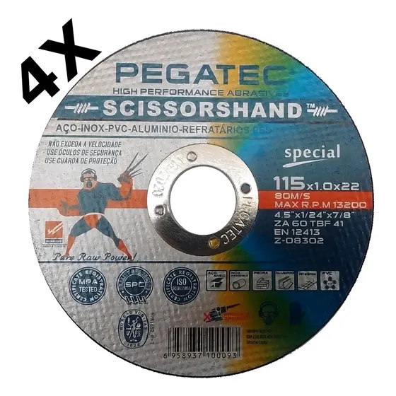4 Discos Scissorshand - 4,5'' - 115x1.0x22,23mm - Pegatec Cor Água