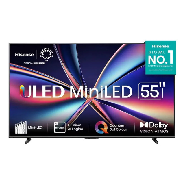 Smart TV Hisense de 55 polegadas com tela exibindo gráficos coloridos e logos de tecnologias Mini-LED, Dolby Vision e sistema Vidaa