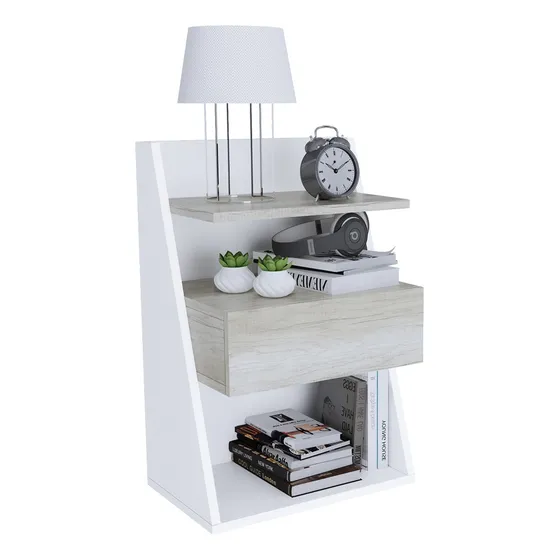 Mesa De Luz 1 Cajon Moderna Mesita Melamina Minimal Helsinki Acabado Melamínico Color Beige