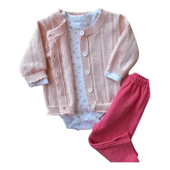 Conjunto 3 Piezas Bebe 0 A 3 Meses Rosa Con Blanco 0 A 3 Meses