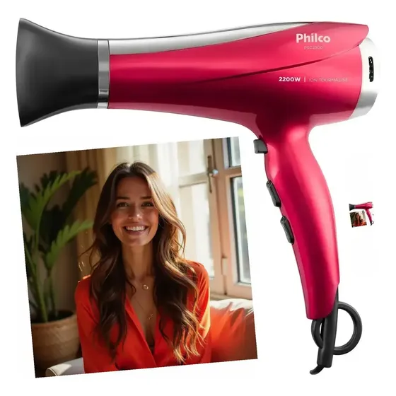 Secador De Cabelos 2200w Psc2300 Motor Dc Philco Vermelho Com Tecnologia Íons Tourmaline - Secagem r