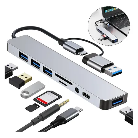 Adaptador Hub Usb-c E 3.0, 8 Em 1 P2 Estéreo Usb Sd Cartões Cinza-escuro