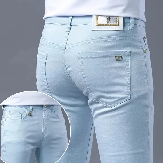 Jeans De Hombre De Pierna Recta Delgados De Seda Helada Azul