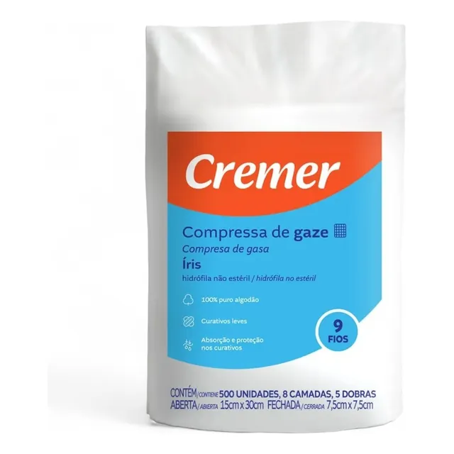 Gaze Cremer Íris 9 Fios Não Estéril 7,5cm X 7,5cm Com 500uni