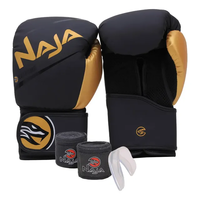 Kit Muay Thai/boxe Com Luva Naja, Bucal, Bandagem E Bolsa Cor Dourado Tamanho 14oz