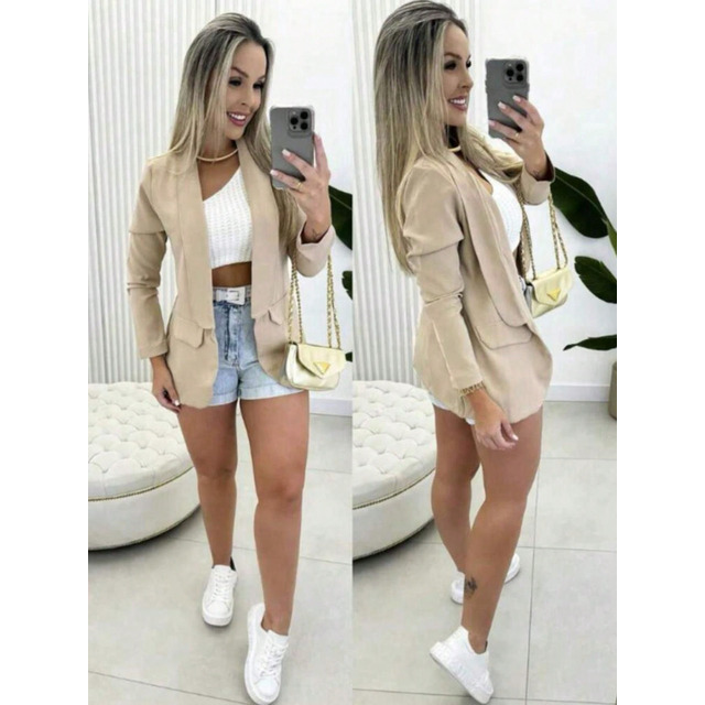 Blazer Max Feminino Alfaiataria Alongado Manga Longa Moda Blazer Max Feminino Alfaiataria Alongado Manga Longa Moda