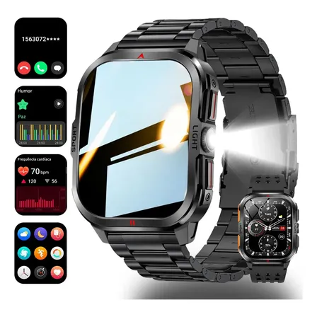 Smartwatch Relógio Inteligente Lanterna Homem Militar Tático Preto