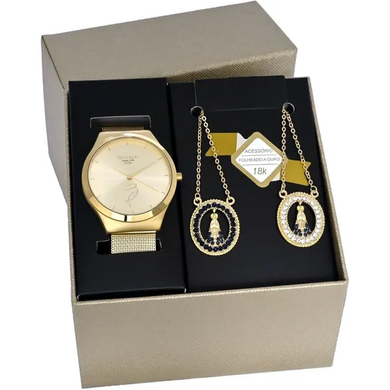 Kit Relogio Seculus Feminino Aparecida 44040lpskda1 Dourado