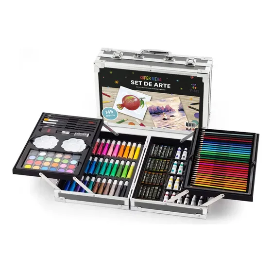 Set Arte Infantil Dibujo Fibra Maletín Metálico Valija X 145 Piezas V-Art By Vicky