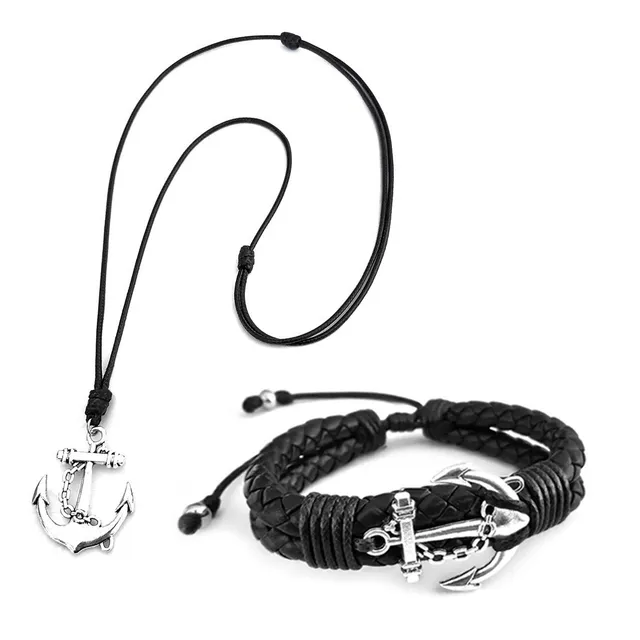 Pulsera Cuero Trenzado + Collar Con Anclas Iconic Store