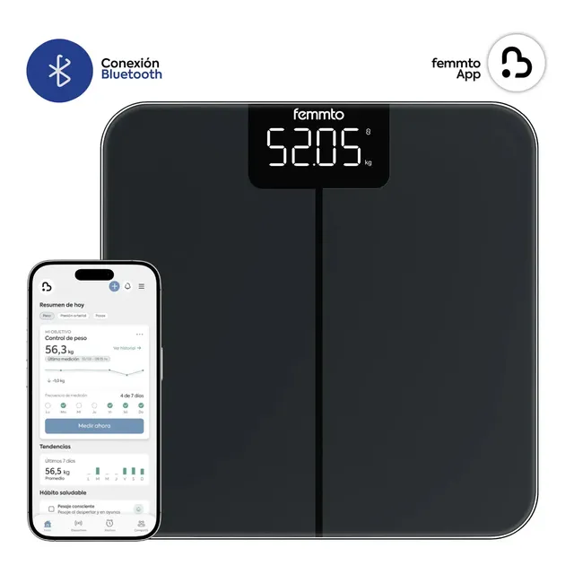 Balanza Digital Con Bluetooth Personal De Baño Peso Corporal 180 Kg Diseño Minimalista Femmto Negro