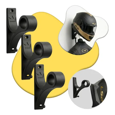 Kit 3 Suportes Capacete Parede Com Gancho Chaves + Parafusos Preto