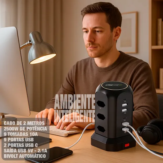 Filtro De Linha Profissional 9 Tomadas Tripolar 4 Usb Led 2 Usb-c 127/220V Botão Liga E Desliga Extensão Elétrica 2 Metros Protetor Eletrônico Contra Surto Fusível Computador Dps Regua Energia Rack