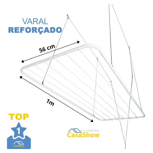 Varal De Teto 100 Cm Grande + Kit De Instalação Reforçado Cor Varal de Teto Branco