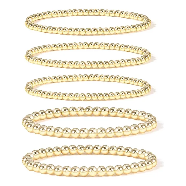 Pulsera Elástica Cuentas Chapadas En Oro 14k Mujer