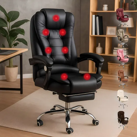 Cadeira De Escritório Presidente Massagem 7 pontos Ergonômica Reclinável Giratória Couro Cor Preto Led Tools