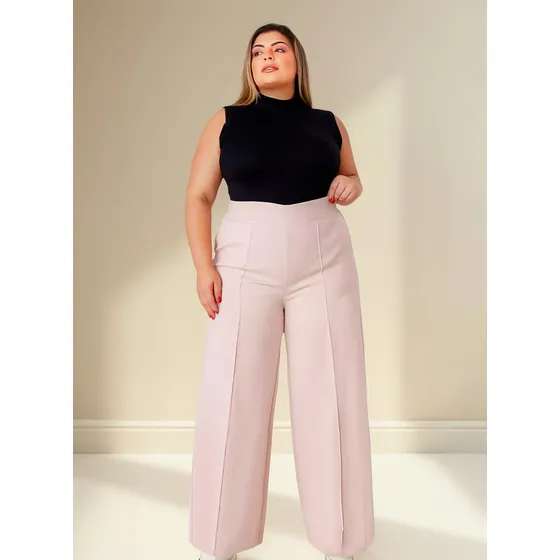 Calça Pantalona Linho Wide Leg Social Cintura Alta Plus Size