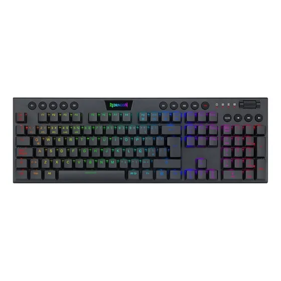 Teclado gamer bluetooth Redragon Horus QWERTY Redragon Low profile Linear Red español latinoamérica color negro con luz RGB