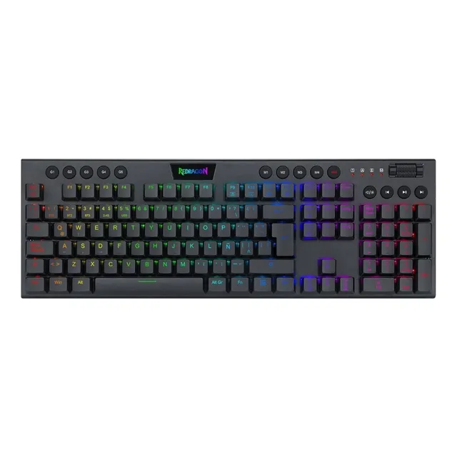 Teclado gamer bluetooth Redragon Horus K618 QWERTY Redragon Low profile Linear Red color negro con luz RGB