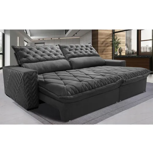 Sofá Retrátil e Reclinável 2,75m Molas Ensacadas Cama inBox Spazus com Bordado 3D Velusoft Cinza