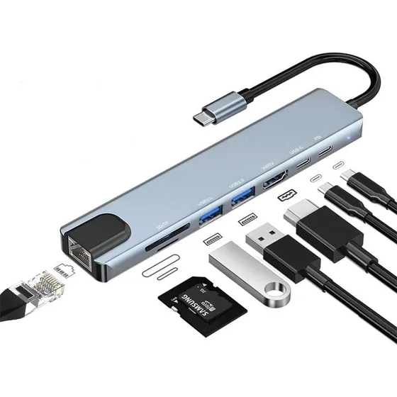 Hub Tipo C 8 En 1  Rj45 Tipo C  Hdmi- Usb 3.0 Sd Micro Sd 4k