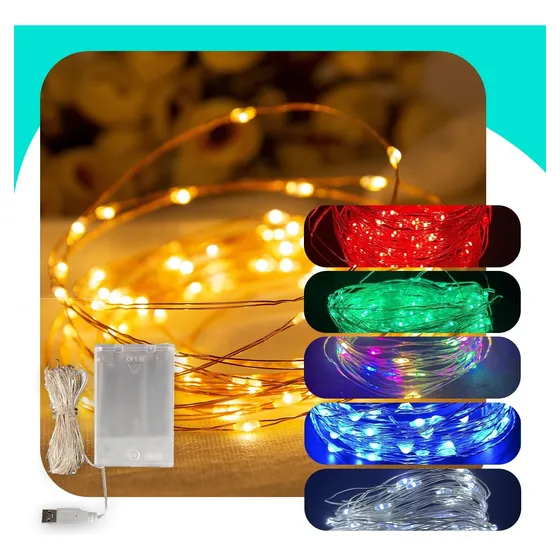 Cordão Fio De Fada 5m 50 Leds Enfeite Natal Branco Quente