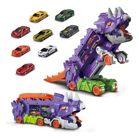 Caminhão Dinossauro Pista Com Carrinhos Maleta Transporte Cor Roxo