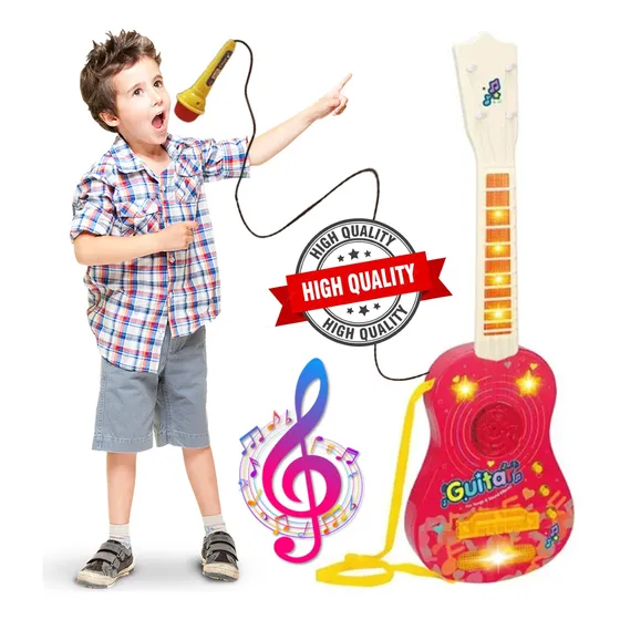 Juguete Guitarra De Cuerda Para Niños Micrófono Luces Música