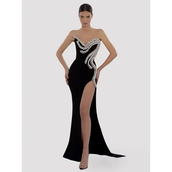 Vestido Elegante Negro Con Brillo Largo Mujer Talla M