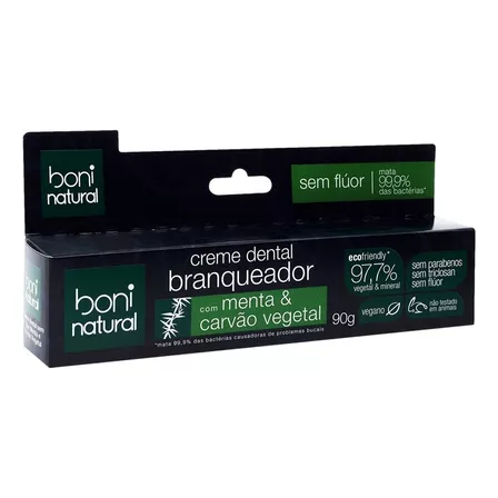 Creme Dental Branqueador Menta & Carvão Vegetal Boni Natural Caixa 90g