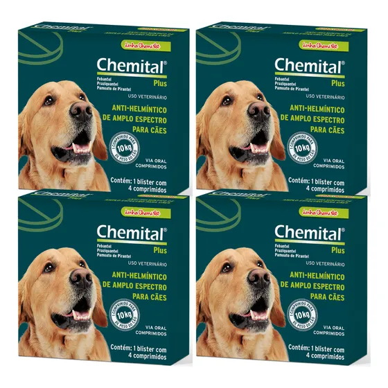 Chemital Plus Vermífugo Cães 4 Comprimidos Kit Com 04 Caixas