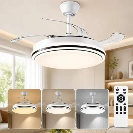 Ventilador de Teto Retrátil com Luz LED 60W e Controle Remoto, 41 Polegadas, Silencioso, 6 Velocidades, 3 Cores de Luz, Motor Reversível, para Quarto e Sala de Estar