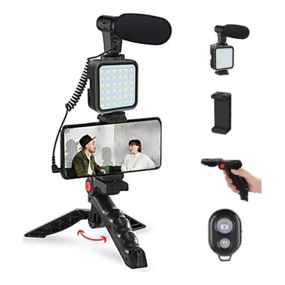 Kit Youtuber Vlog Live Tripé Celular Suporte Led E Microfone Com controle Bluetooth Video-Making Kit AY-49