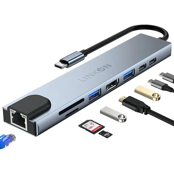 Hub Adaptador Usb Tipo C Ethernet 8 En 1 Linkon Para Mac Pc - Gris