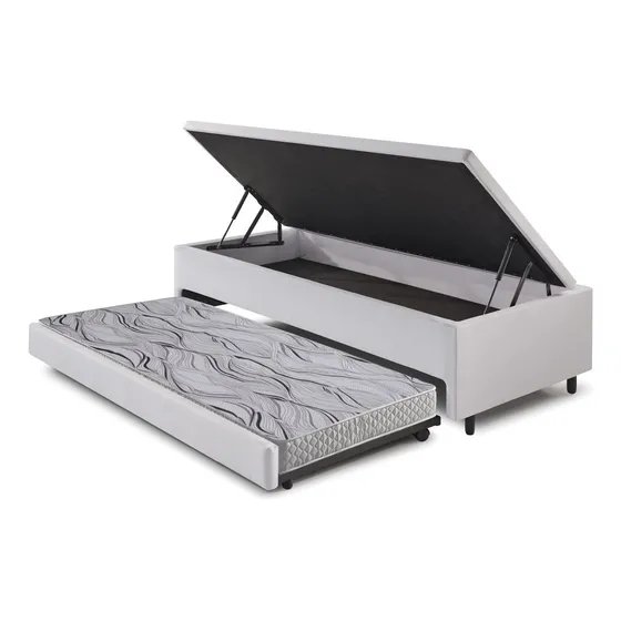 Bicama Box Com Cama Baú Solteiro 88x188 Cm Com Colchão Auxiliar Ecoflex De Espuma - Base 3 Em 1 - Revestido em courino Linho Branco - B&G Camas