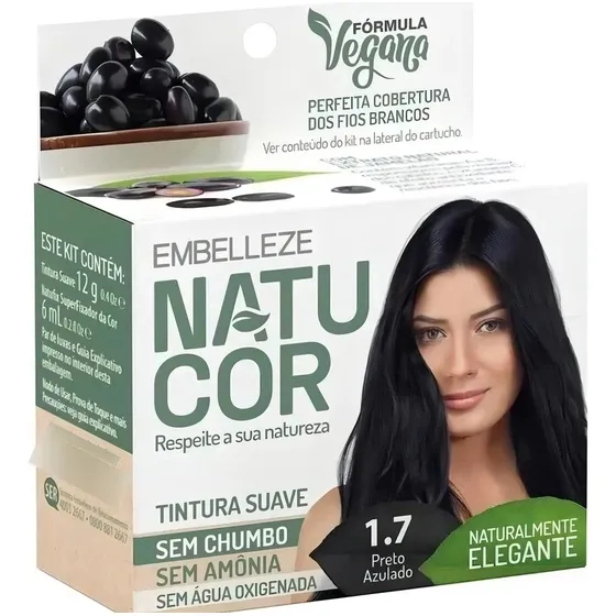 Kit Tintura Natucor Tinta De Cabelo Tom 1.7 Preto Azulado