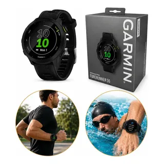 Relógio Garmin Forerunner 55 Monitor Cardíaco Gps 42mm Preto Corrida Caminhada Ciclismo Natação Monitoramento Sono Pace