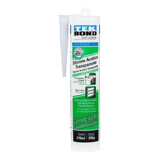 Adhesivo de silicona acetica de construccion color transparente para sellar superficies vitrificadas aluminio vidrios comunes y templados azulejos y aparatos sanitarios cartucho 270 ml 25