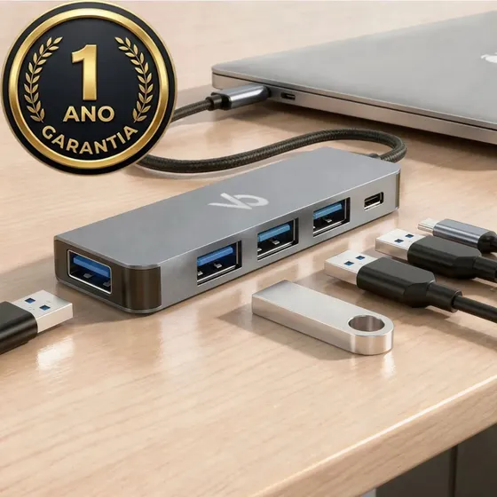 Hub Usb C 5 Portas 3.0 Cabo Extensor Adaptador Thunderbolt Dock Satation Dex Macbook Air M1 M2 iPad Type C Tablet Computador Pc Notebook Impressora Switch Voxo Alumínio Tipo C 5p