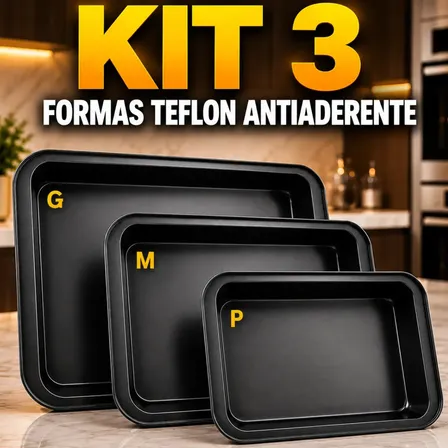 Kit Com 3 Formas Assadeiras Teflon Antiaderente Tamanhos PMG Retangular Carnes Frangos Tortas Bolos Marca Vitzen