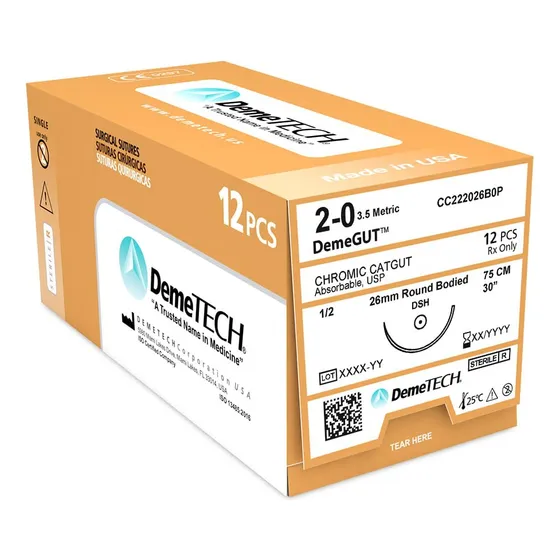 Sutura Absorbible Catgut Crómico 2-0, Caja Con 12 Sobres