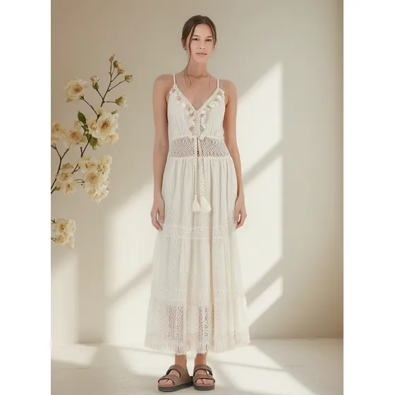 Vestido Largo Encaje Forrado Con Pompones Guk4028 Arizona