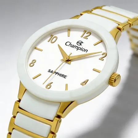 Relógio De Pulso Champion Ca21866h De Cerâmica Branco Dourado Original Luxo Moderno