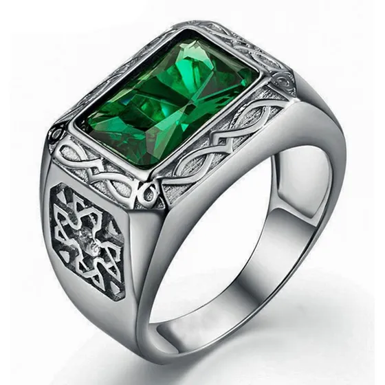 Anel Masculino Pedra Verde Esmeralda Comendador Prateado