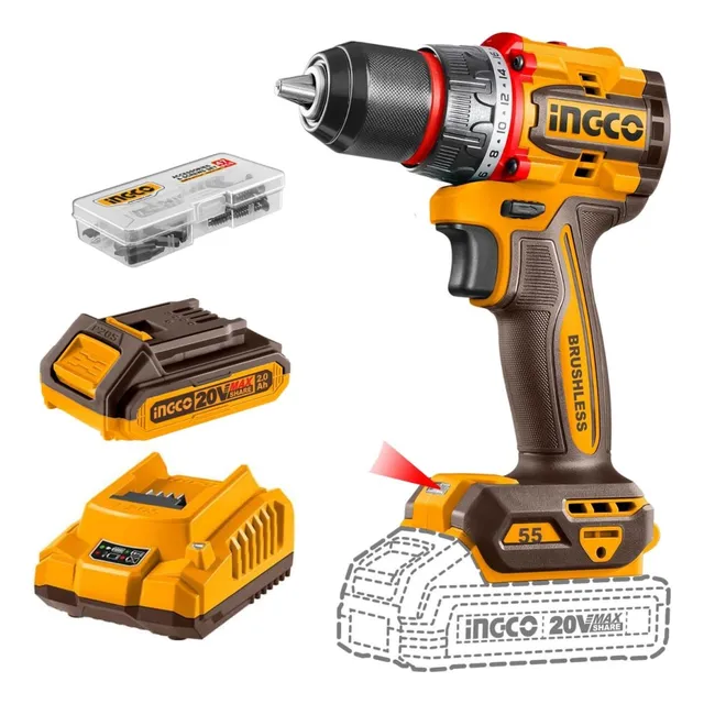 Taladro Inalambrico Brushless Ingco 55nm 1/2  Con Accesorios
