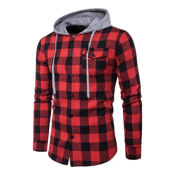 Camisa A Cuadros De Manga Larga Con Capucha A La Moda Para