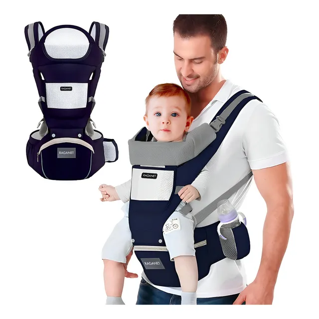 Cangurera Portabebé Raganet Mochila Multifuncional Con Asiento Bebé Color Azul